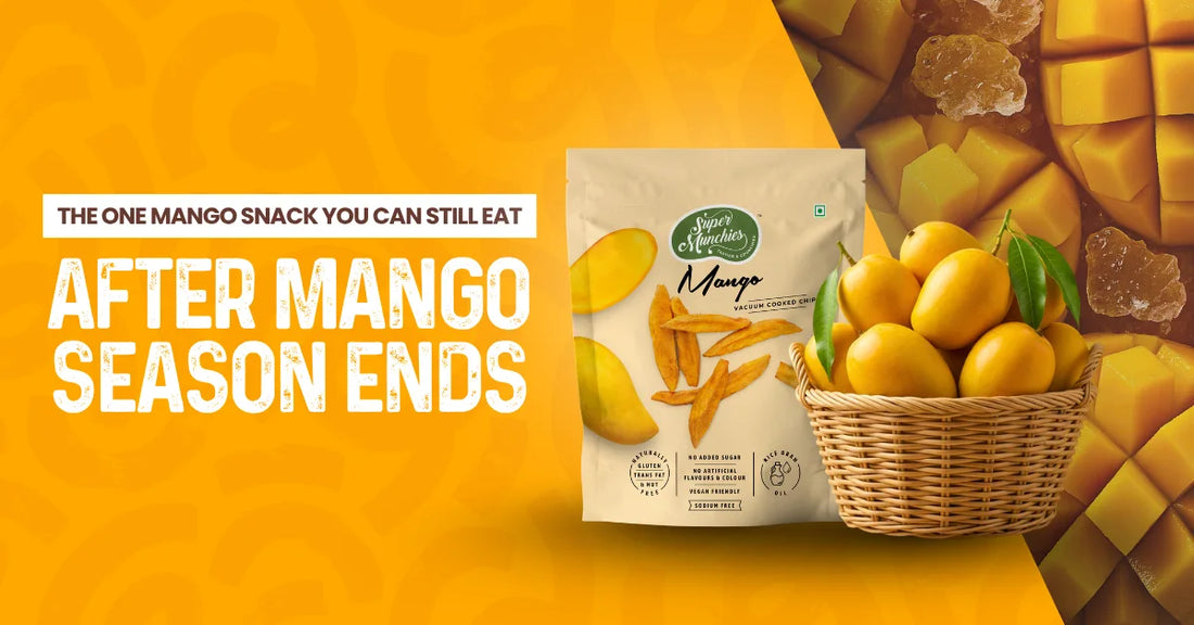 Super Munchies Mango Vacuum Cooked Chips packet with fresh mangoes in a basket on a yellow background