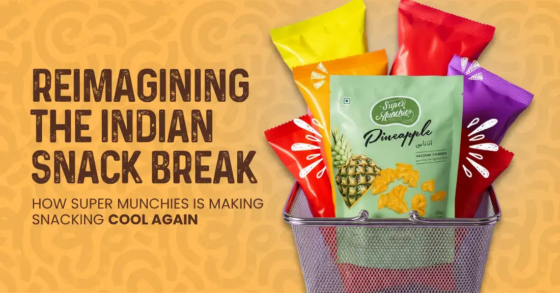 A basket filled with colorful packets of Super Munchies snacks sits beside bold text that reads, "Reimagining the Indian Snack Break" and "How Super Munchies is making snacking cool again.
