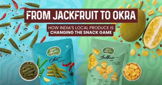 Packets of Super Munchies okra and jackfruit snacks are displayed with their ingredients scattered around, alongside text promoting India's local produce in the snack industry.