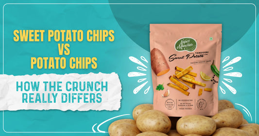 A bag of tandoori sweet potato chips stands among whole potatoes, with text comparing sweet potato chips to potato chips and discussing how their crunch differs.