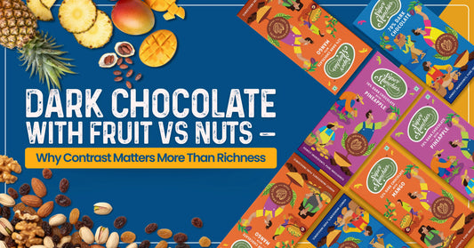 Advertisement for dark chocolate bars with fruits and nuts. Features vibrant chocolate packaging and an array of fruits and nuts, emphasizing contrast over richness