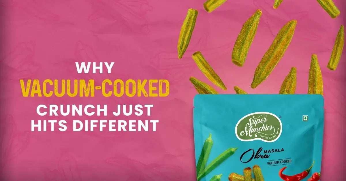 Super Munchies Masala Okra vacuum-cooked snack ad showing crispy okra chips above a blue pouch on a pink background.