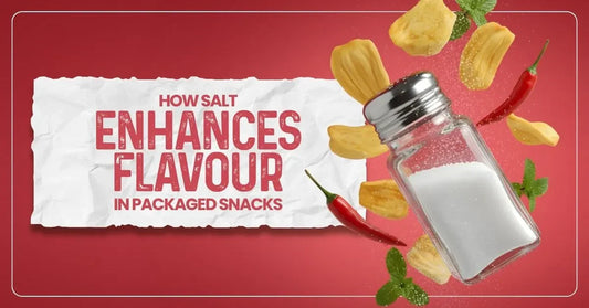 A salt shaker with spilling salt, chili peppers, herbs, and snack pieces is shown next to a sign that reads, "How salt enhances flavour in packaged snacks.