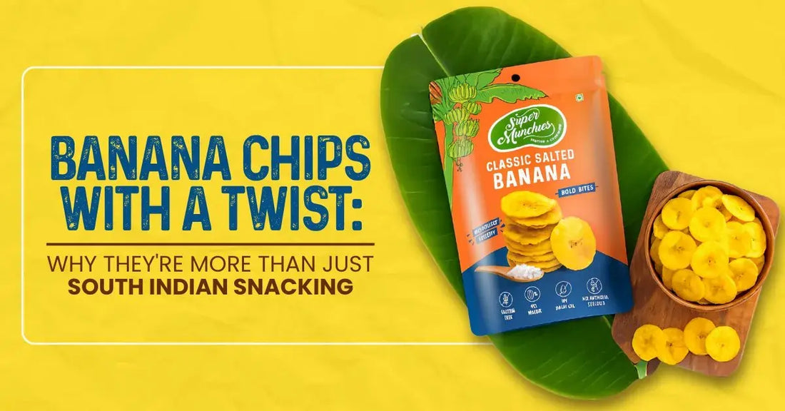 Super Munchies Classic Salted Banana Chips pack and bowl on a yellow background with text about banana chips with a twist.