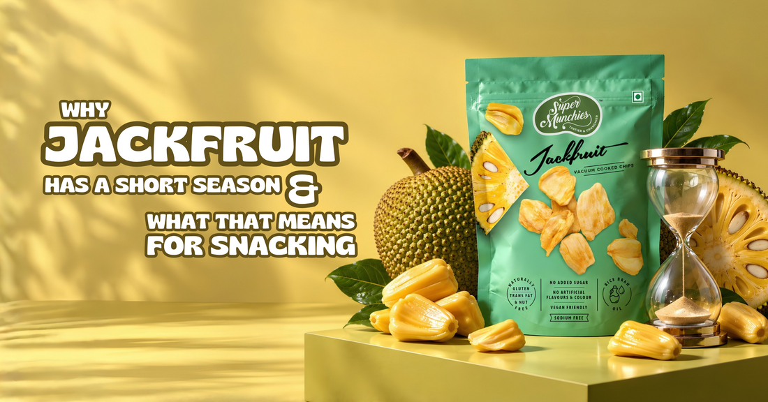 Super Munchies Jackfruit vacuum cooked chips packet with fresh jackfruit and an hourglass on a yellow background, highlighting jackfruit’s short season.