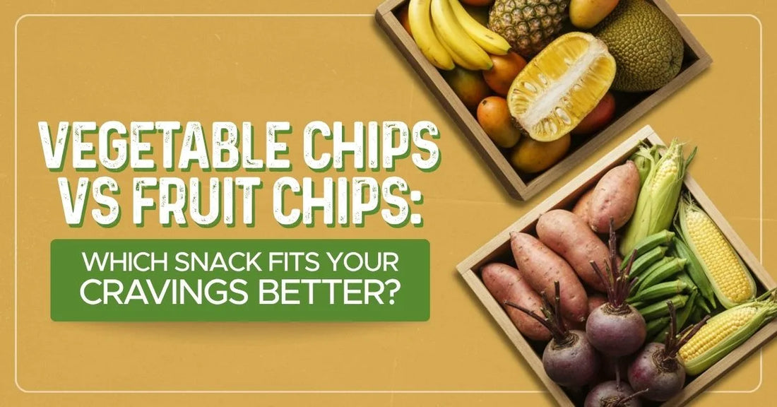 Vegetable Chips vs Fruit Chips text above images of assorted fruits like bananas and oranges and vegetables like sweet potatoes and beets