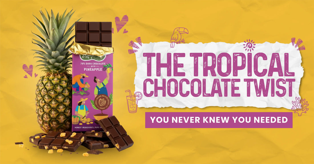 70% dark chocolate bar with pineapple pieces displayed beside a whole pineapple on a bright yellow background, with bold text reading ‘The Tropical Chocolate Twist You Never Knew You Needed