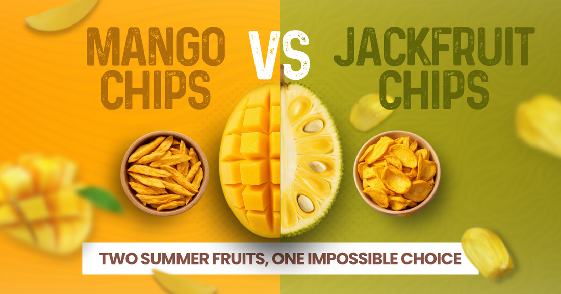 Mango chips and jackfruit chips side by side in bowls on a split yellow and green background with fresh mango and jackfruit