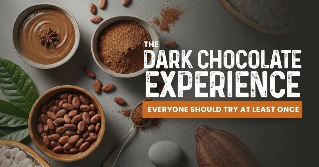 Bowls of cocoa powder and chocolate spread, cacao beans, leaves, and a cocoa pod on a gray surface with text: "The Dark Chocolate Experience."