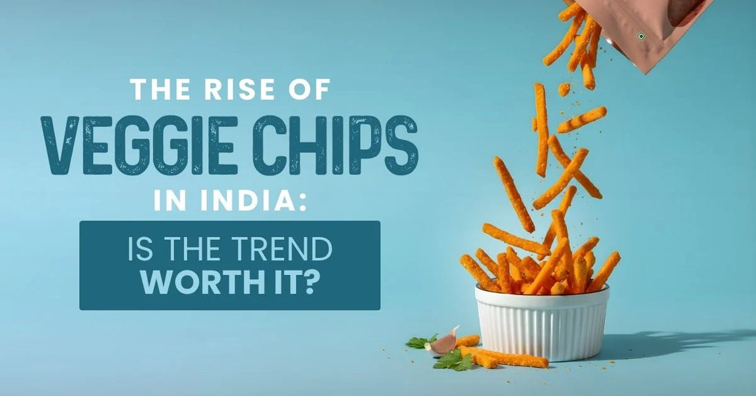 "Veggie chips spill from a bag into a bowl against a blue background. Text reads 'The Rise of Veggie Chips in India: Is the Trend Worth It?'"