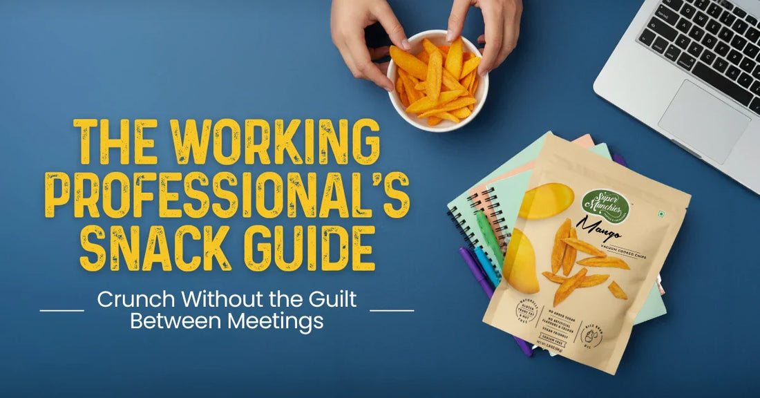 A hand holds a bowl of mango snacks, surrounded by notebooks and a laptop, promoting guilt-free snacking for professionals.