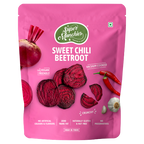 Pink package of Super Munchies Sweet Chili Beetroot with images of beetroot and chili on a white background.
