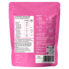 Pink package with nutritional information and manufacturing details on a white background