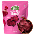 Pink packaging of Super Munchies Sweet Chili Beetroot with images of beetroot and a bowl of beetroot chips.