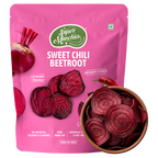 Pink packaging of Super Munchies Sweet Chili Beetroot with images of beetroot and a bowl of beetroot chips.