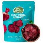 Super Munchies Chaat Masala Beetroot packet with a bowl of beetroot chips on a white background