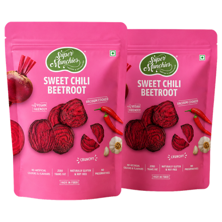 Two pink packages of Super Munchies Sweet Chilli Beetroot on a white background