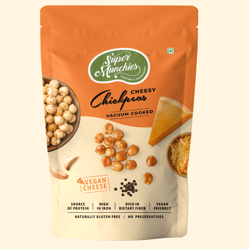 Super Munchies Cheesy Chickpeas packaging on a beige background