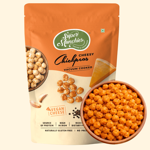Super Munchies Cheesy Chickpeas packaging with chickpeas and vegan cheese on a beige background