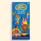 Super Munchies 70% Dark Chocolate packaging with illustrations of people and cacao plants on a blue background.