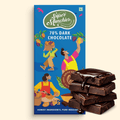 Super Munchies 70% dark chocolate packaging with illustrations and a stack of chocolate bars on a beige background.