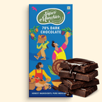 Super Munchies 70% dark chocolate packaging with illustrations and a stack of chocolate bars on a beige background.