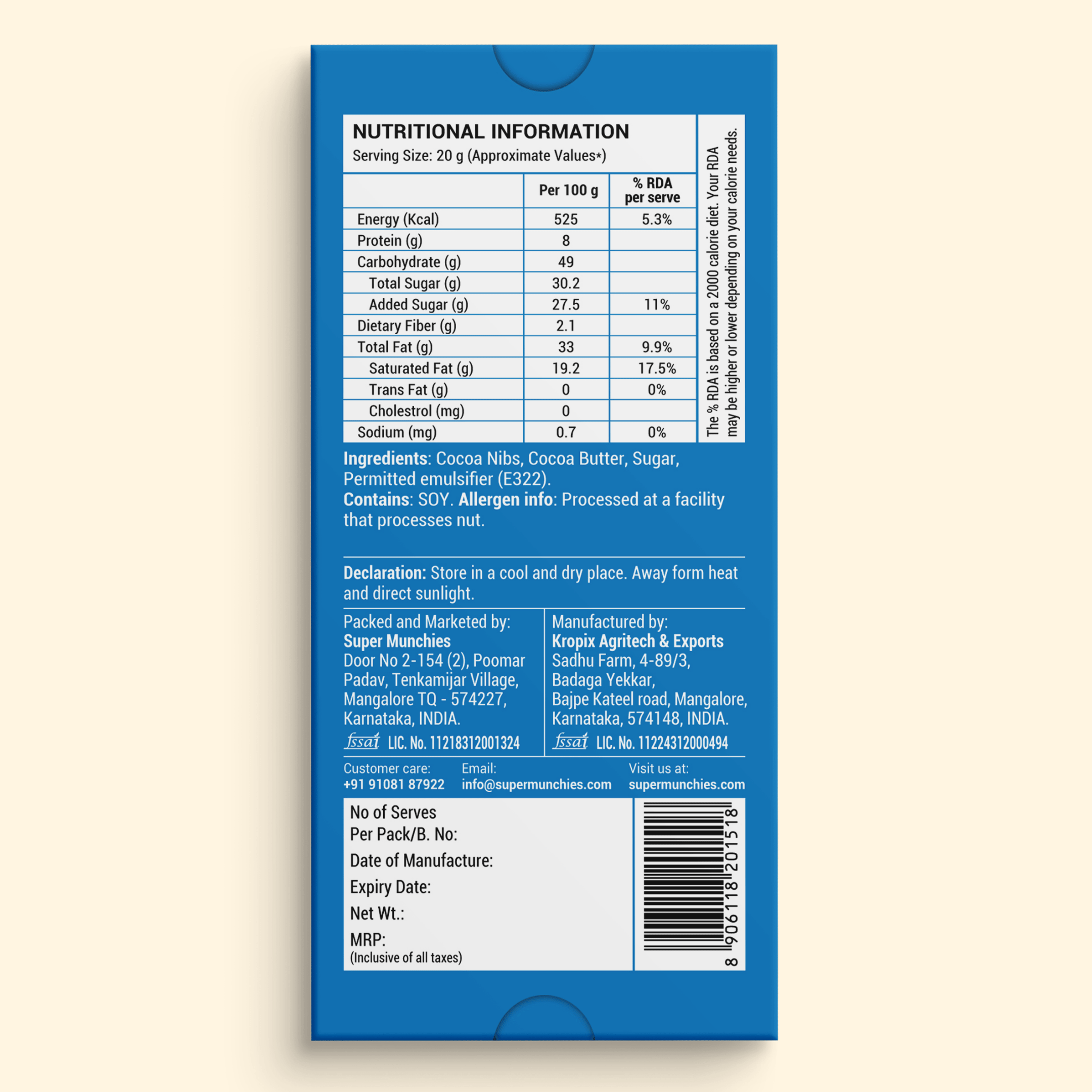 Super Munchies 70% dark chocolate back packaging with nutrition facts, ingredients list and manufacturing details
