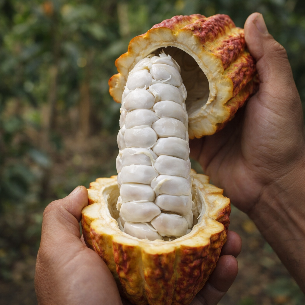 Cocoa bean pod held open by hands with a blurred natural background