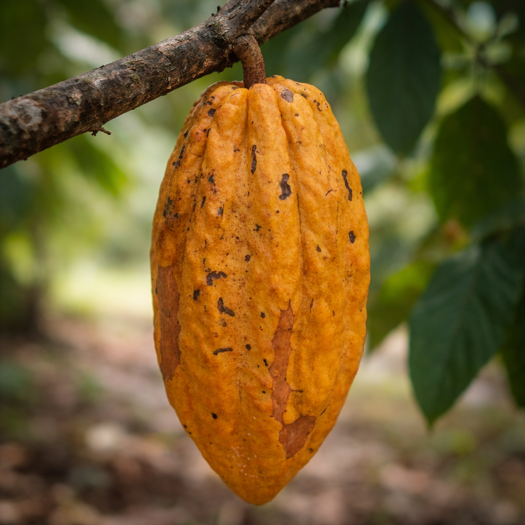 Ripe cacao fruit hanging from a tree branch with green leaves in the background.
