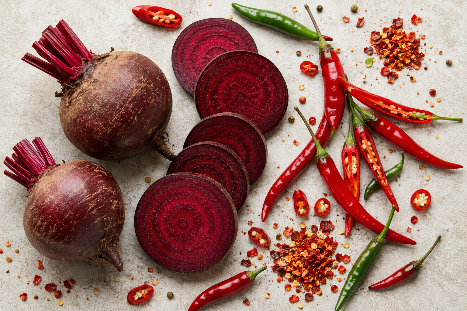 Beets and red chili peppers on a light surface
