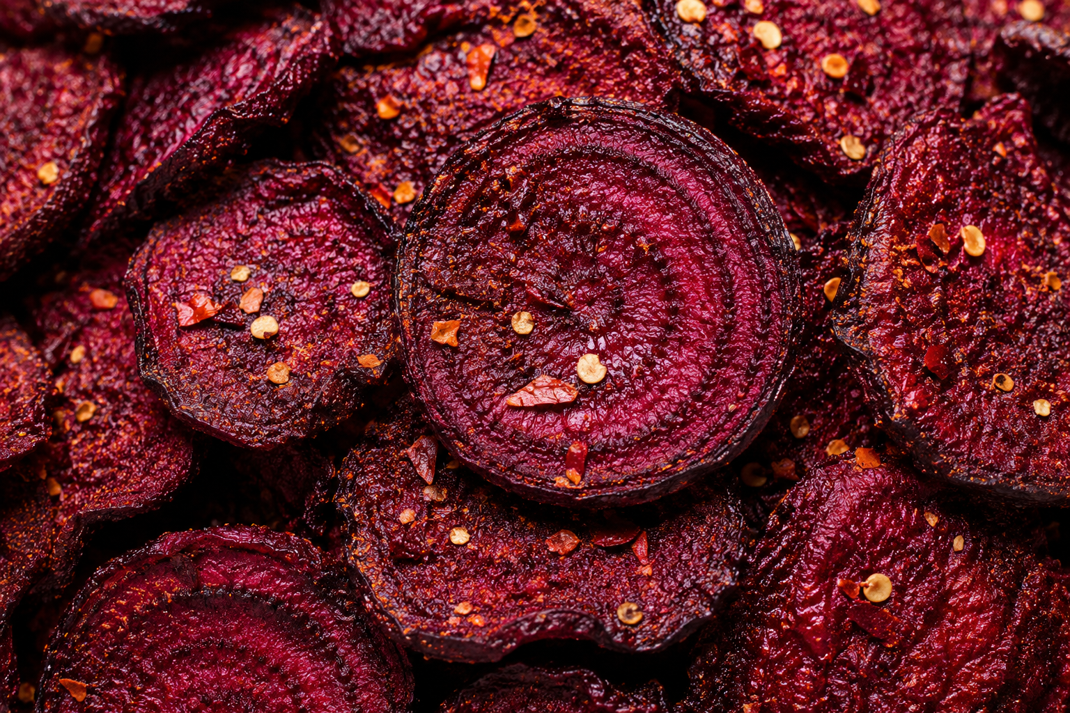 Close-up of dried beet slices with a dark red color.