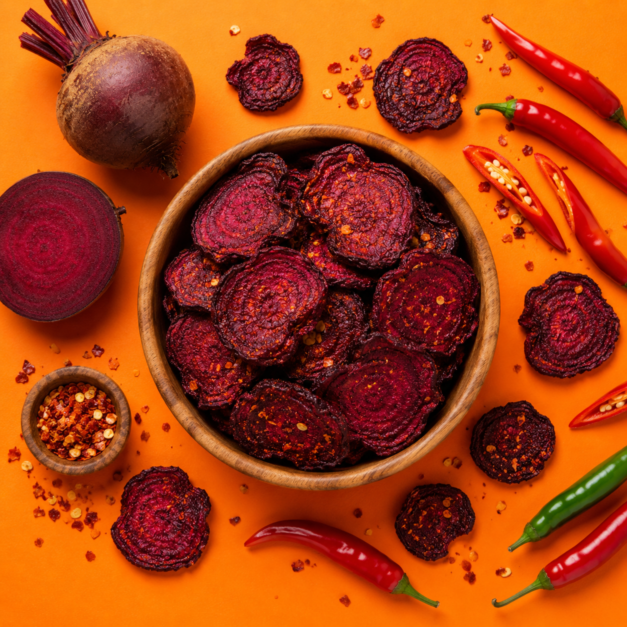Dried beetroot chips in a bowl with fresh beets and peppers on an orange background