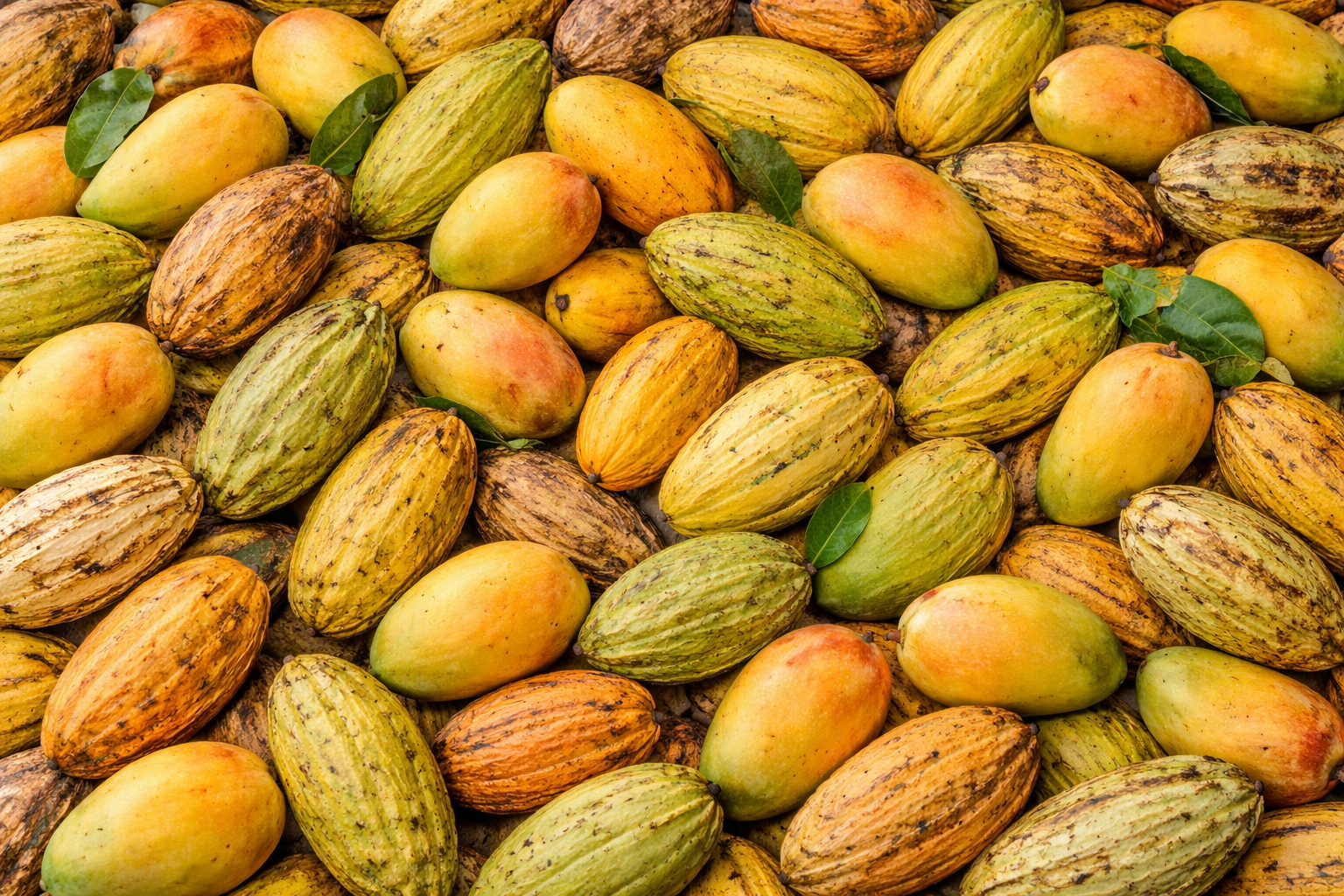 A vibrant mix of freshly harvested cocoa pods and ripe mangoes in green, yellow, and golden hues