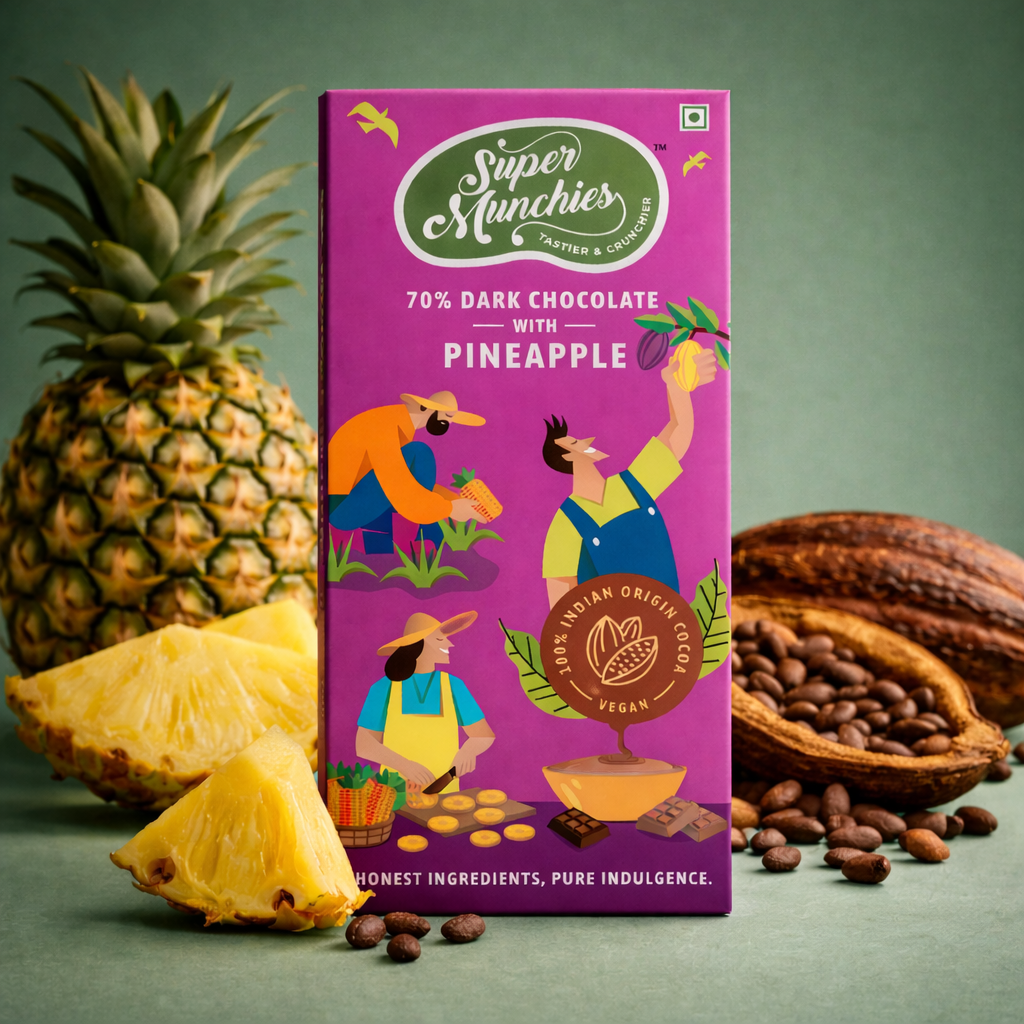 Super Munchies 70% dark chocolate with pineapple packaging, surrounded by a pineapple, cocoa beans, and a green background.