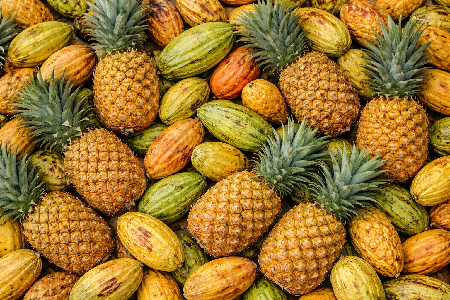 A mix of freshly harvested cocoa pods and whole pineapples in vibrant green, yellow, and golden tones