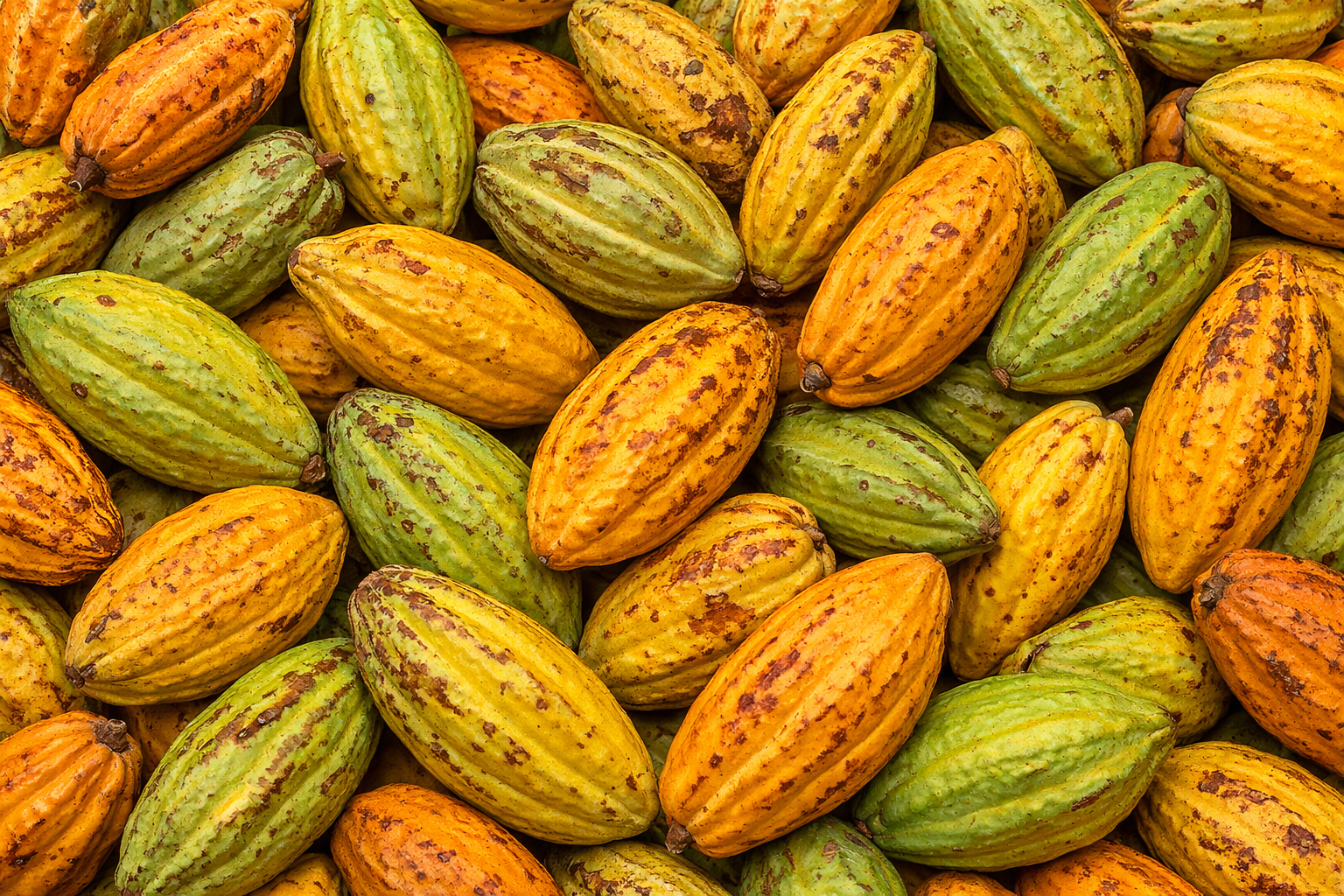 Fresh cocoa pods in varying shades of green and yellow, harvested from a cacao farm.