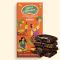 Super Munchies 52% Dark Chocolate with Mango packaging and chocolate bars on a beige background