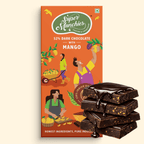 Super Munchies 52% Dark Chocolate with Mango packaging and chocolate bars on a beige background
