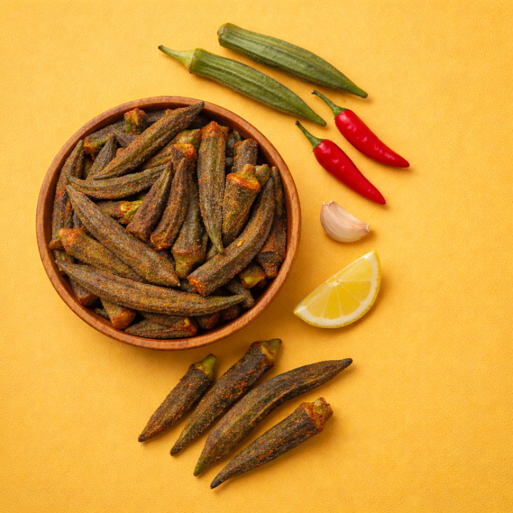 Crispy okra tossed  in a wooden bowl on a yellow background with red chili peppers, garlic, and a lemon wedge.