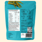 Back of Super Munchies Okra snack package with nutritional information and QR code on a beige background