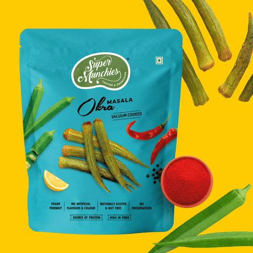 Super Munchies Masala Okra packaging on a yellow background with okra and spices.