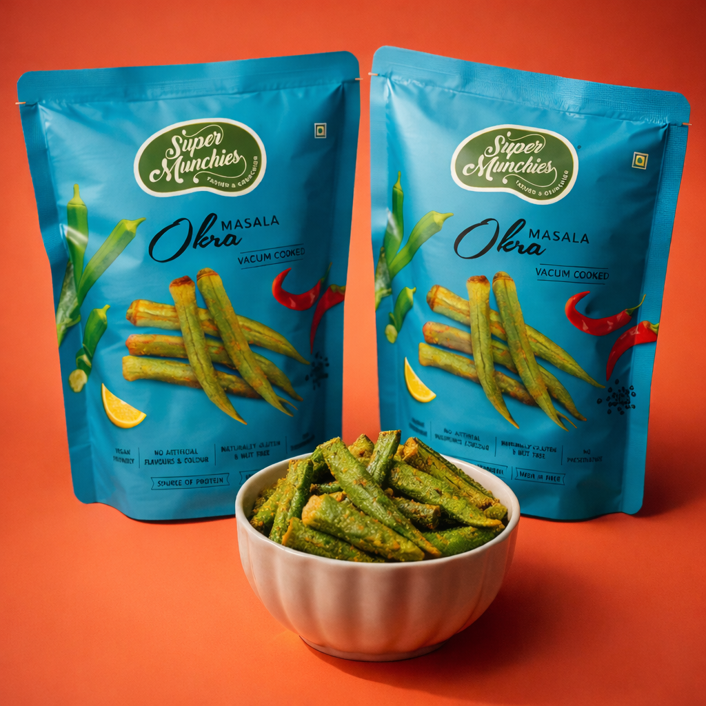Two packages of Super Munchies Masala Okra on an orange background with a bowl of okra in front.