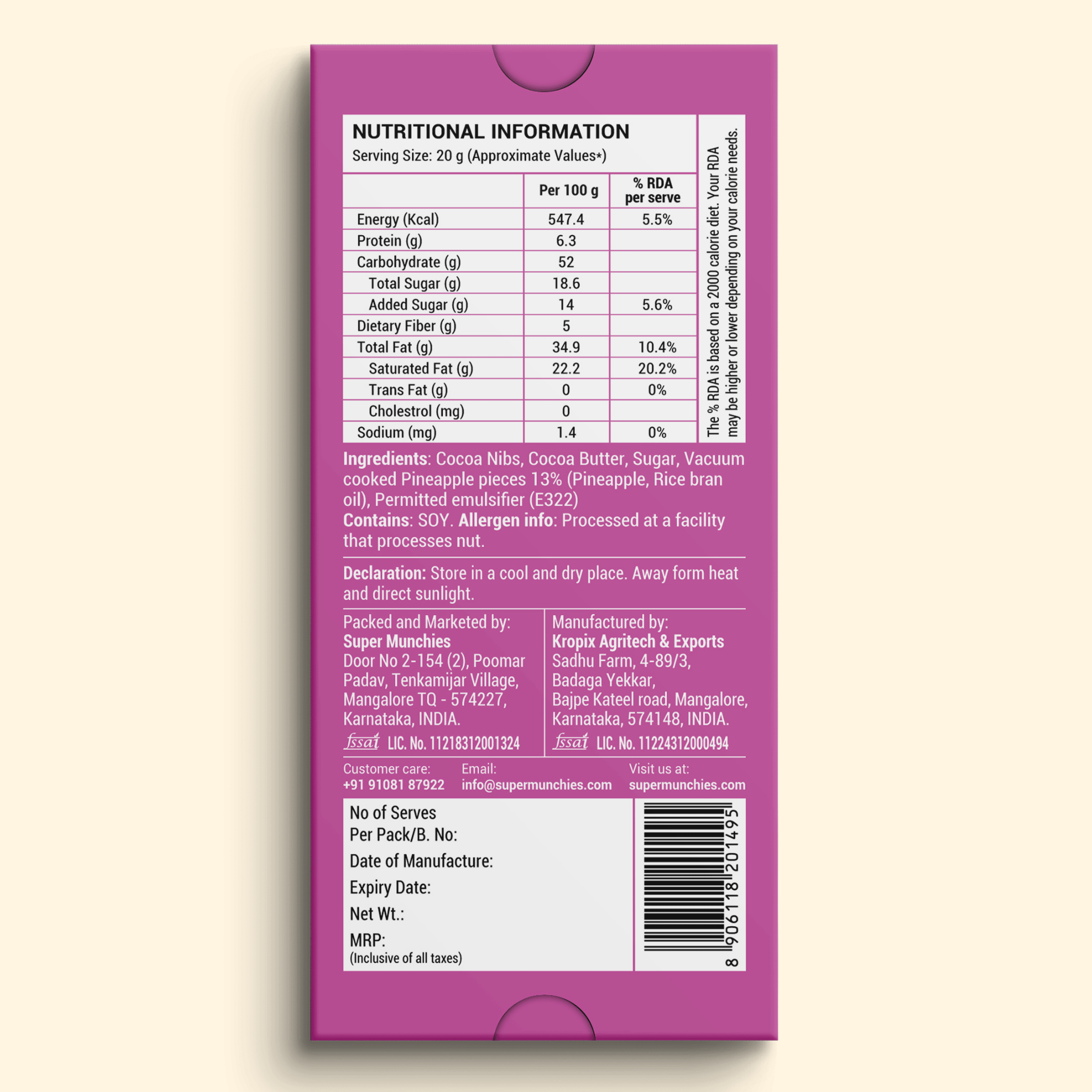 Back of Super Munchies pineapple chocolate packaging showing nutritional information and ingredient list on a white background