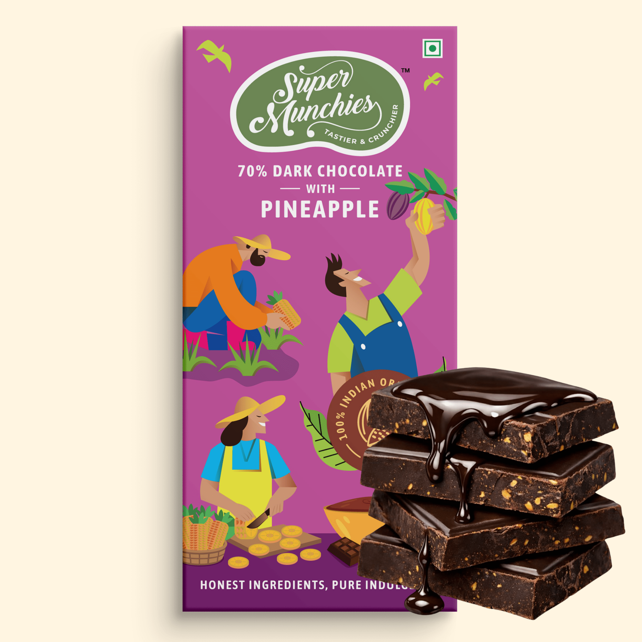 Super Munchies 70% dark chocolate with pineapple packaging and chocolate bars on a beige background