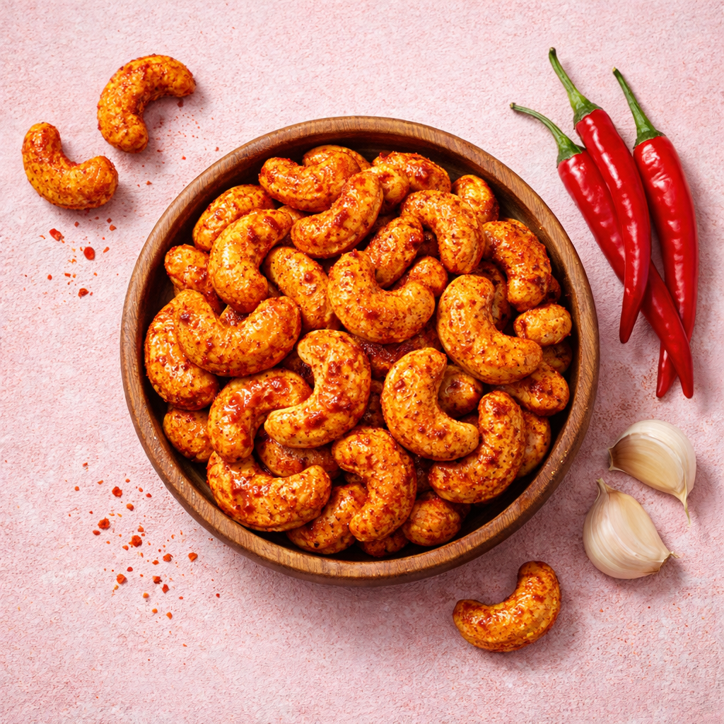 Spicy cashews in a wooden bowl with red chilies and garlic on a pink background