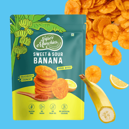 Super Munchies Sweet & Sour Banana snack package with banana and lemon graphics on a blue background