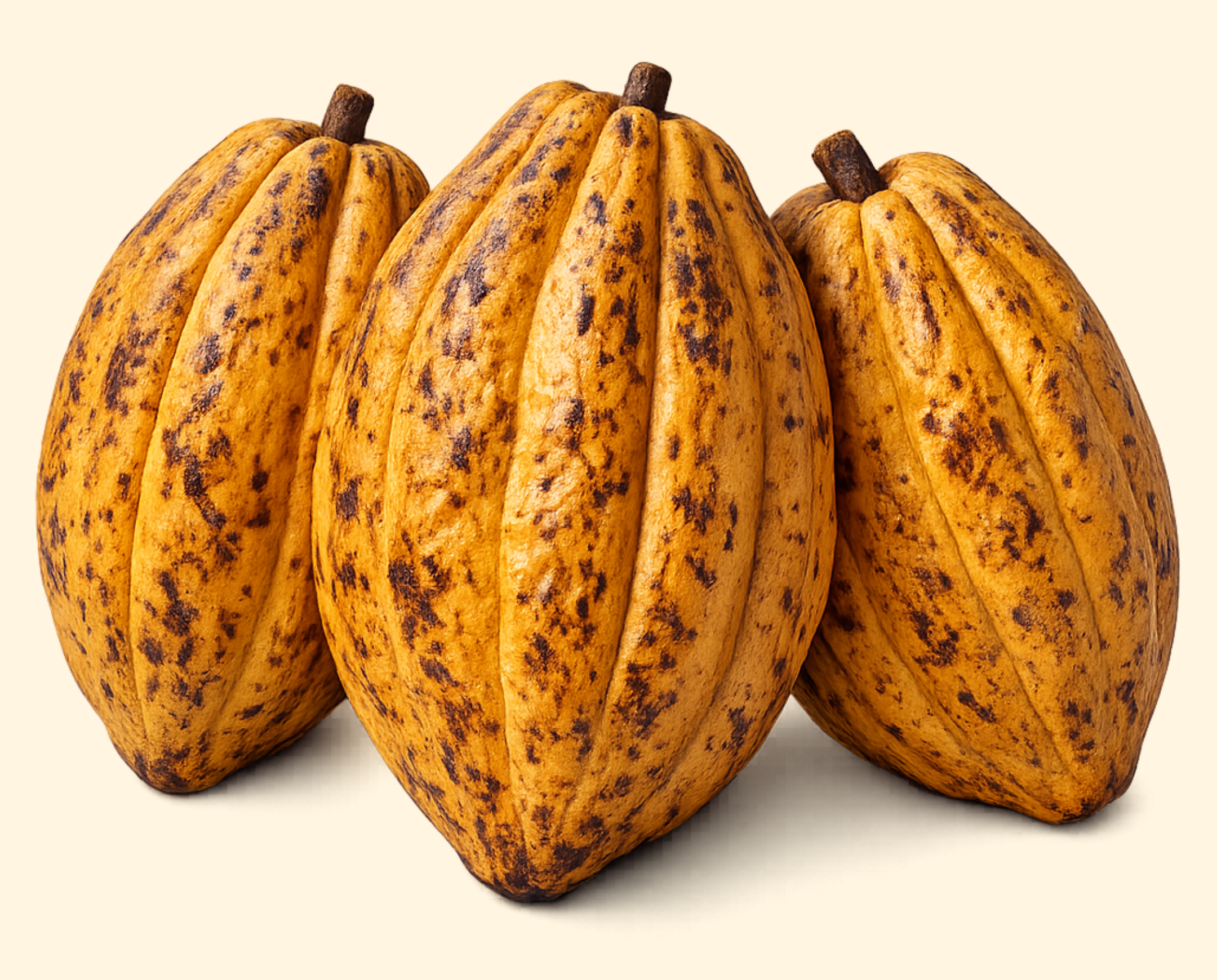 Three cacao pods with brown spots on a beige background