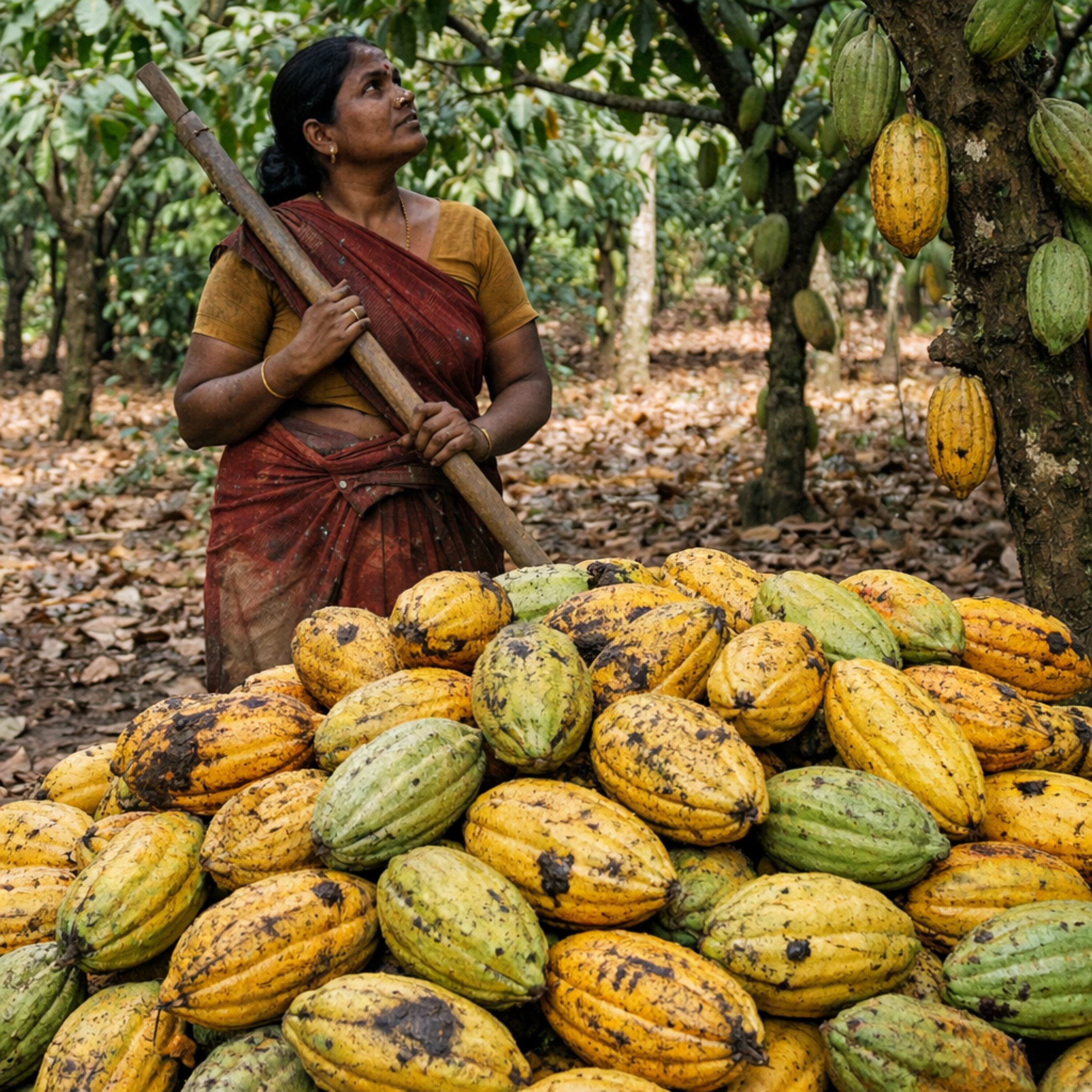 Woman harvesting cacao pods in a cocoa farm with a pile of fresh cacao fruits in the foreground